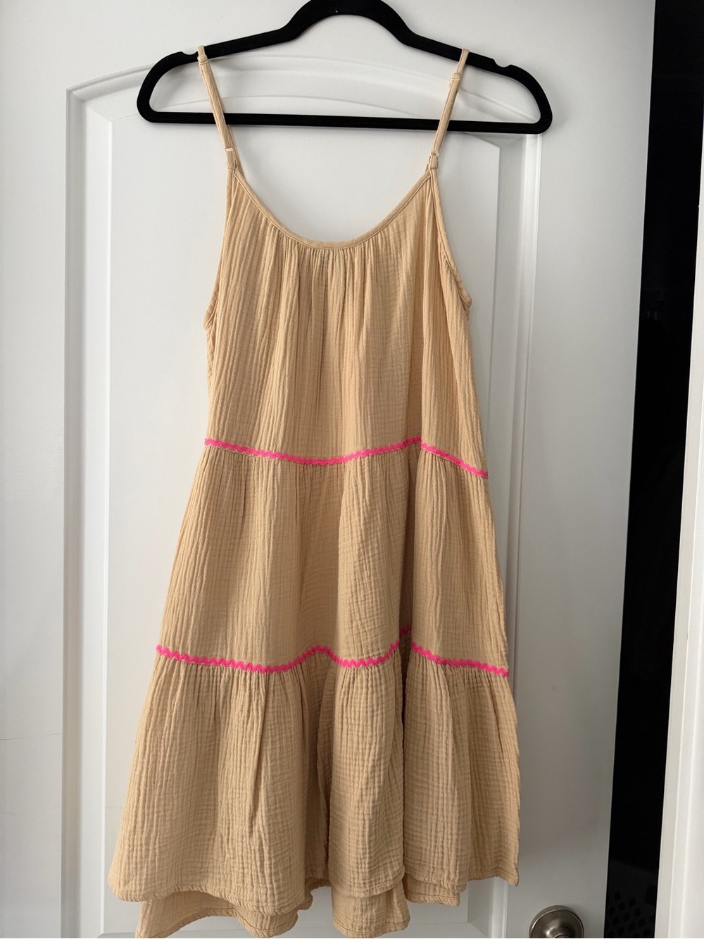 Beige Tiered Sundress with Pink Trim